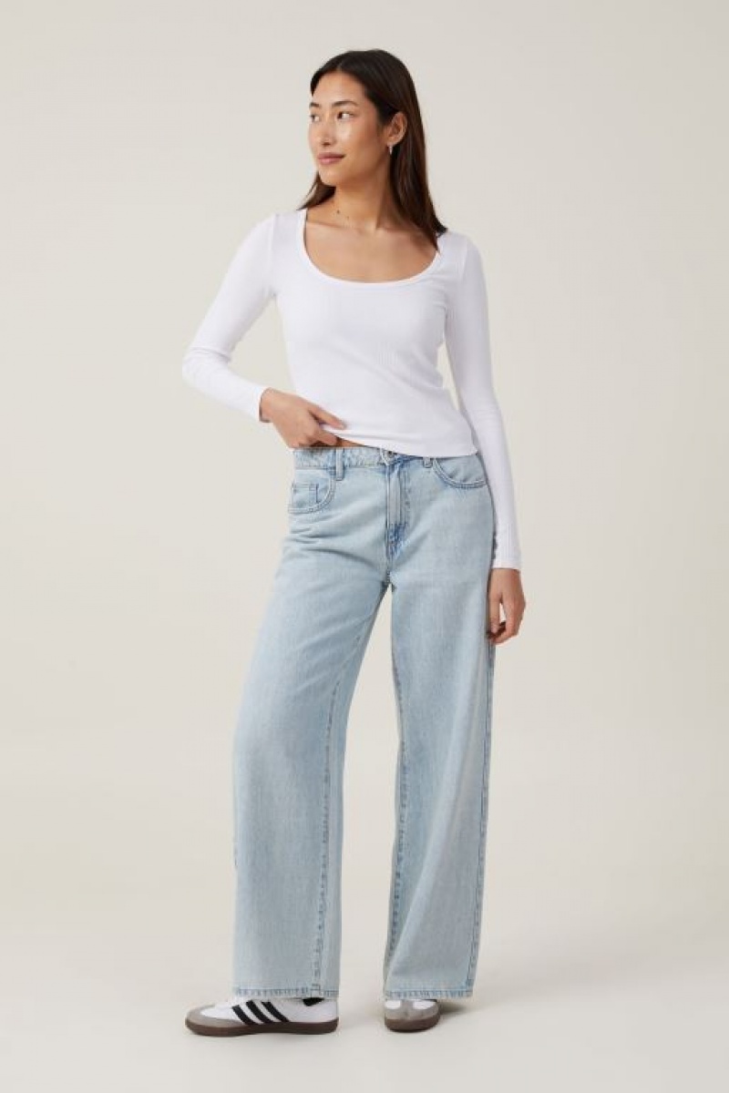 Cotton On The One Organic Variegated Rib Scoop Women's Long Sleeve White | f1O4ICItI03