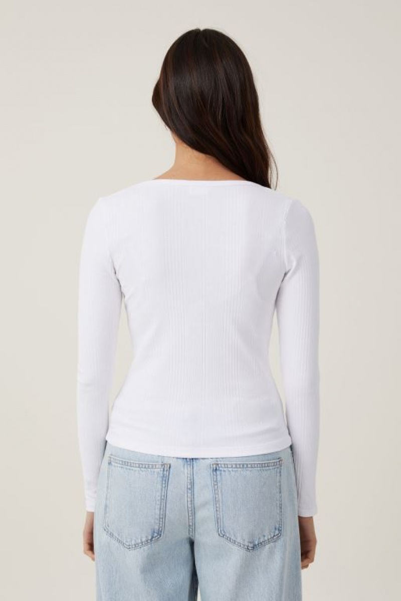 Cotton On The One Organic Variegated Rib Scoop Women's Long Sleeve White | f1O4ICItI03
