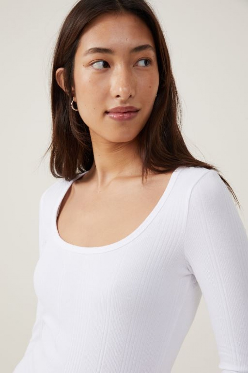 Cotton On The One Organic Variegated Rib Scoop Women's Long Sleeve White | f1O4ICItI03