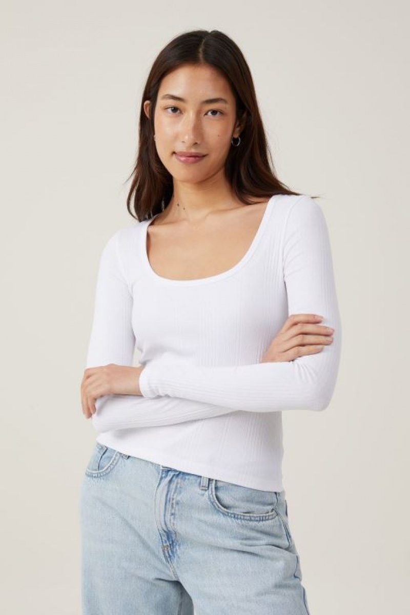 Cotton On The One Organic Variegated Rib Scoop Women\'s Long Sleeve White | f1O4ICItI03
