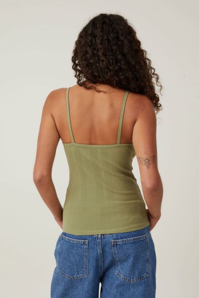 Cotton On The One Organic Variegated Rib V Neck Women's Cami Khaki | UaVWOUsXofs