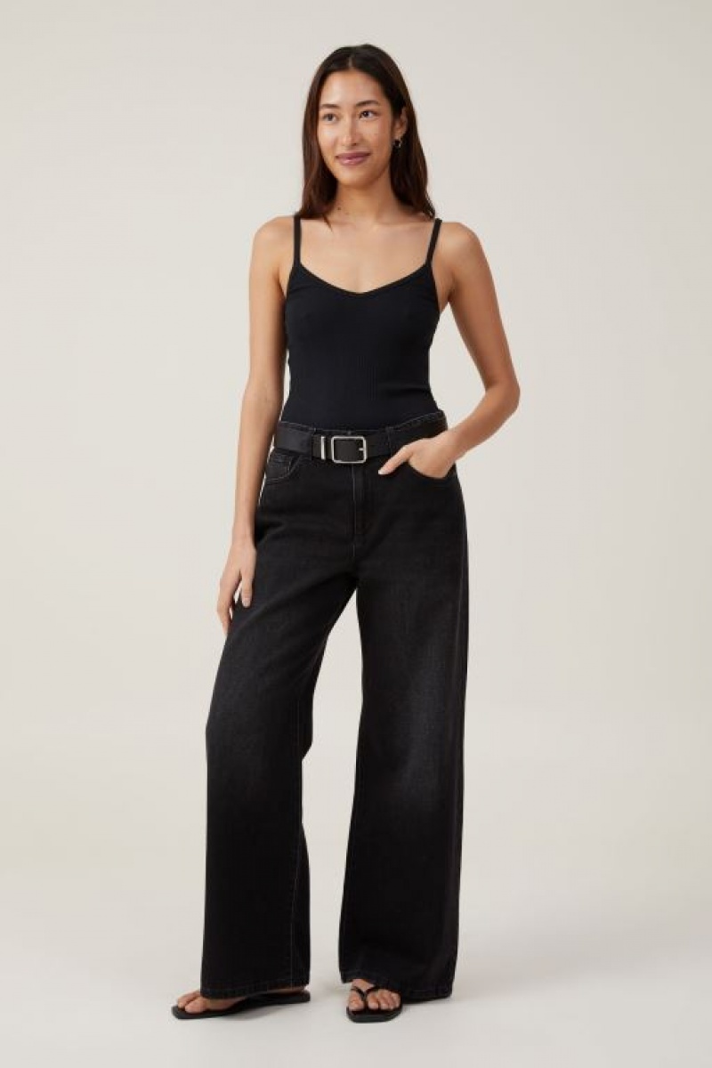 Cotton On The One Organic Variegated Rib V Neck Women's Cami Black | xOct0fiafhE