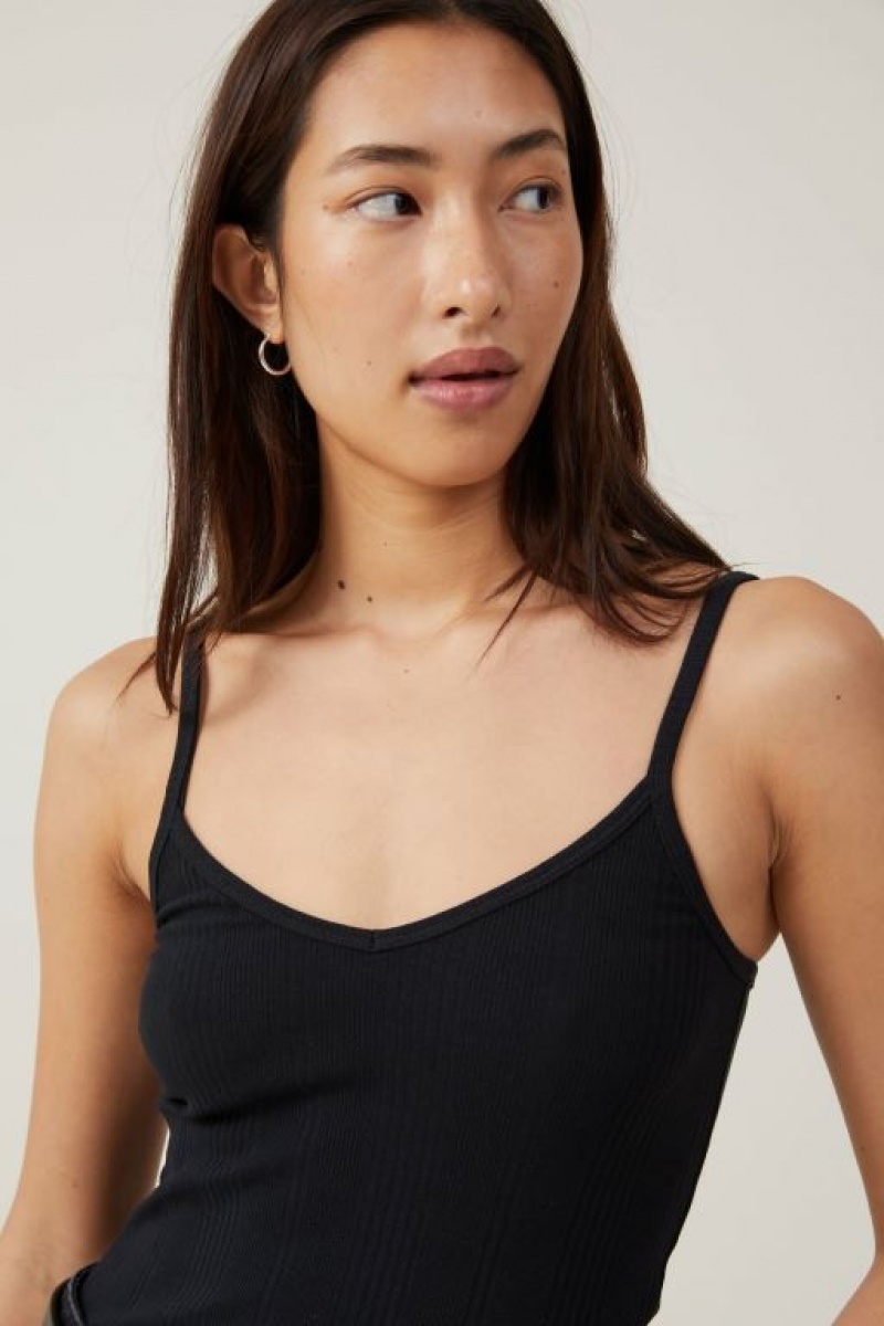 Cotton On The One Organic Variegated Rib V Neck Women's Cami Black | xOct0fiafhE