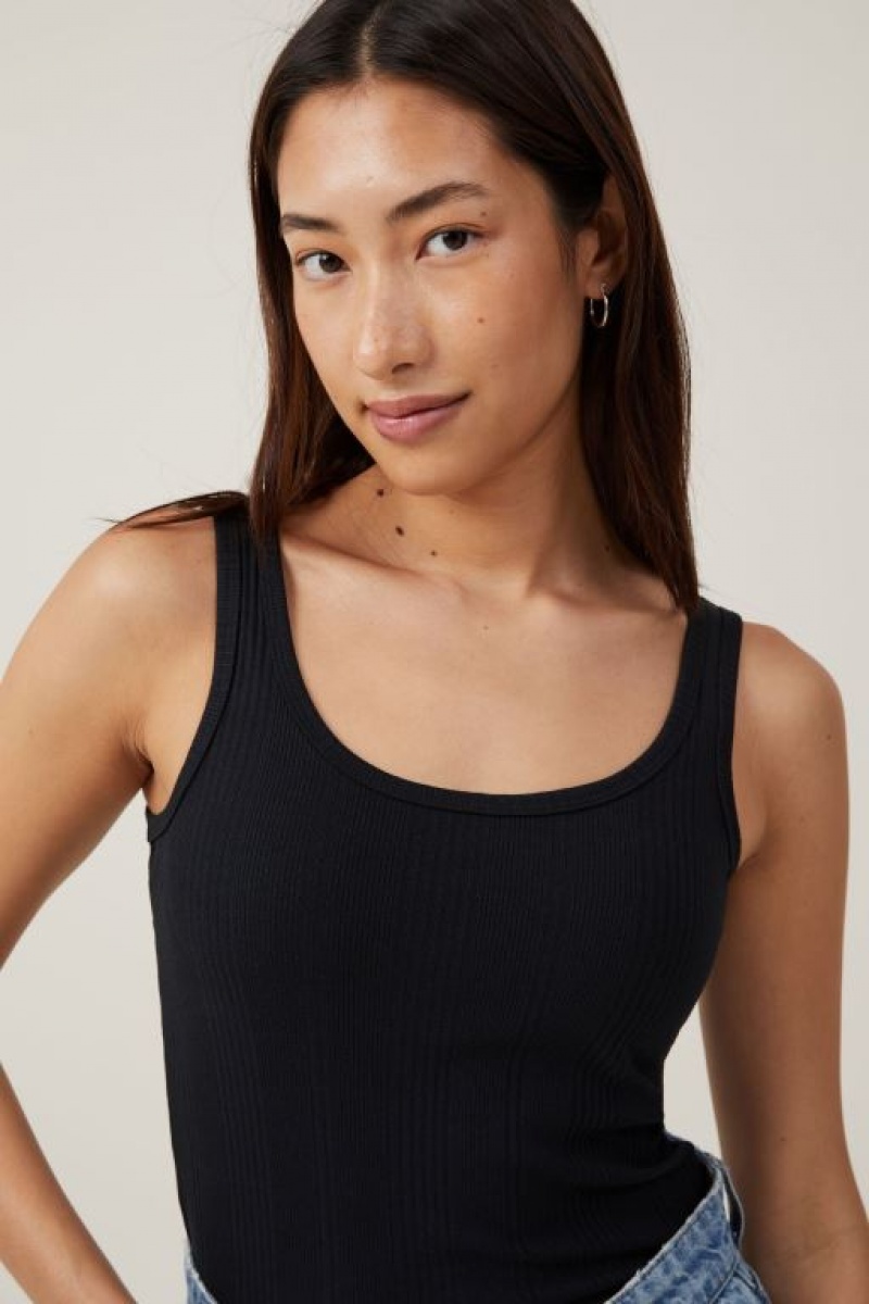 Cotton On The One Organic Variegated Rib Scoop Neck Women's Tanks Black | D54DgcPJJpA