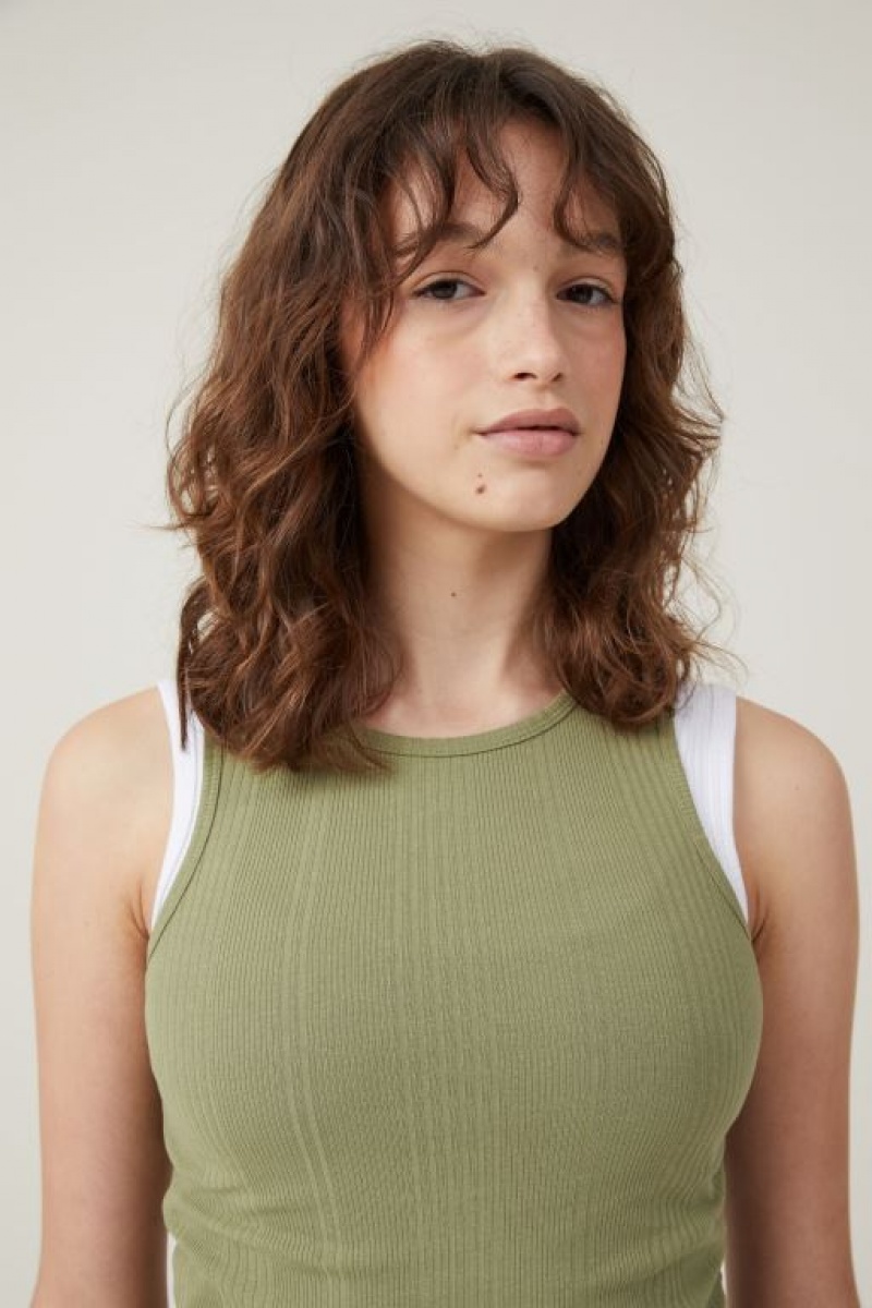 Cotton On The One Organic Variegated Rib High Neck Women's Tanks Khaki | MVpqtY7Wr3B