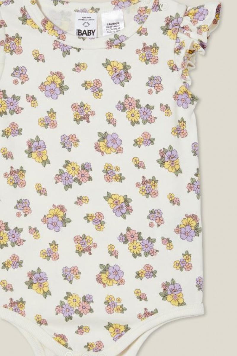 Cotton On The Sleeveless Ruffle Bubbysuit Baby Rompers Light Yellow / Purple | KVaztGhDKA3