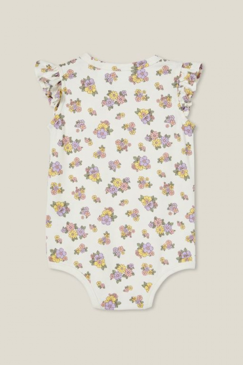 Cotton On The Sleeveless Ruffle Bubbysuit Baby Rompers Light Yellow / Purple | KVaztGhDKA3