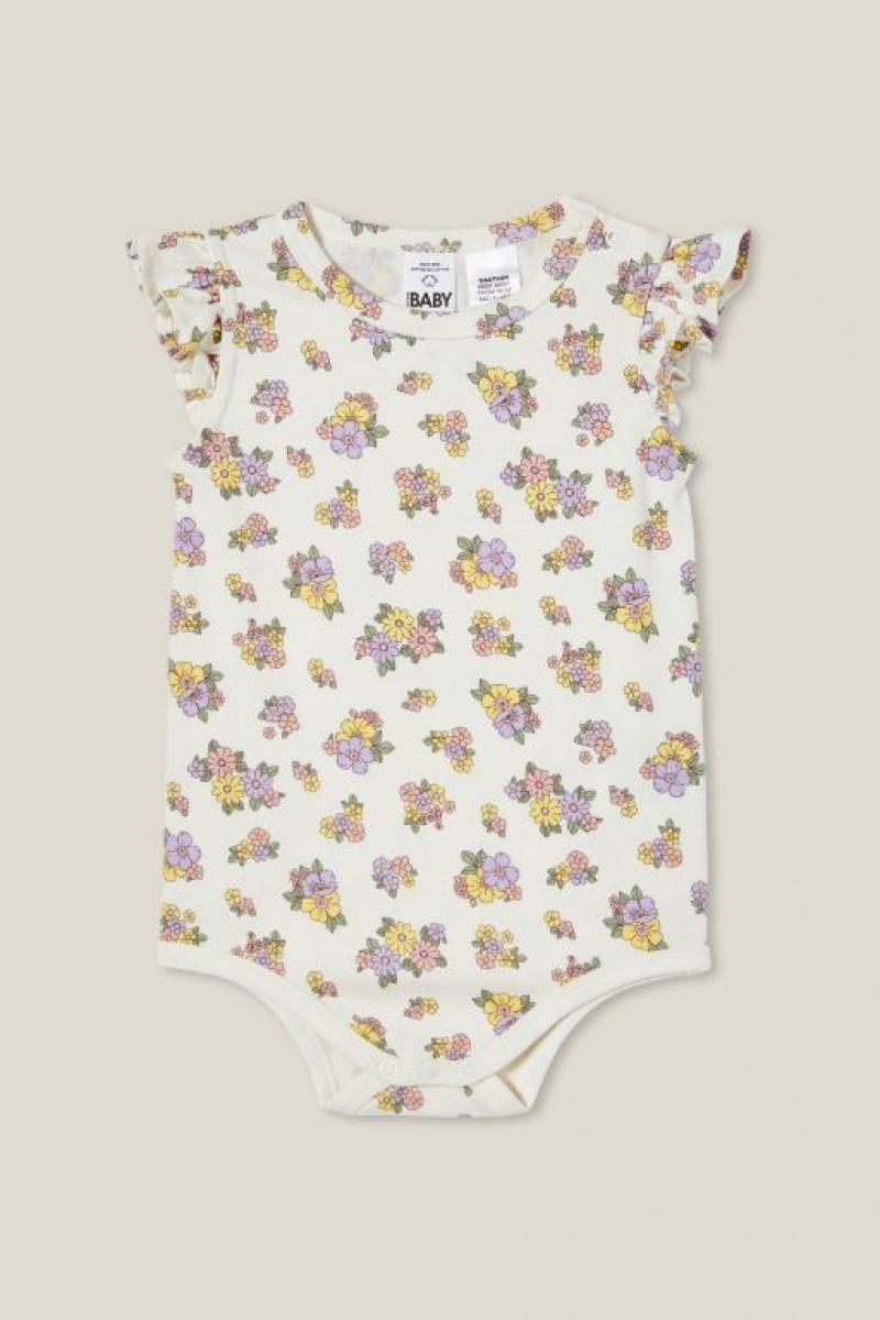 Cotton On The Sleeveless Ruffle Bubbysuit Baby Rompers Light Yellow / Purple | KVaztGhDKA3