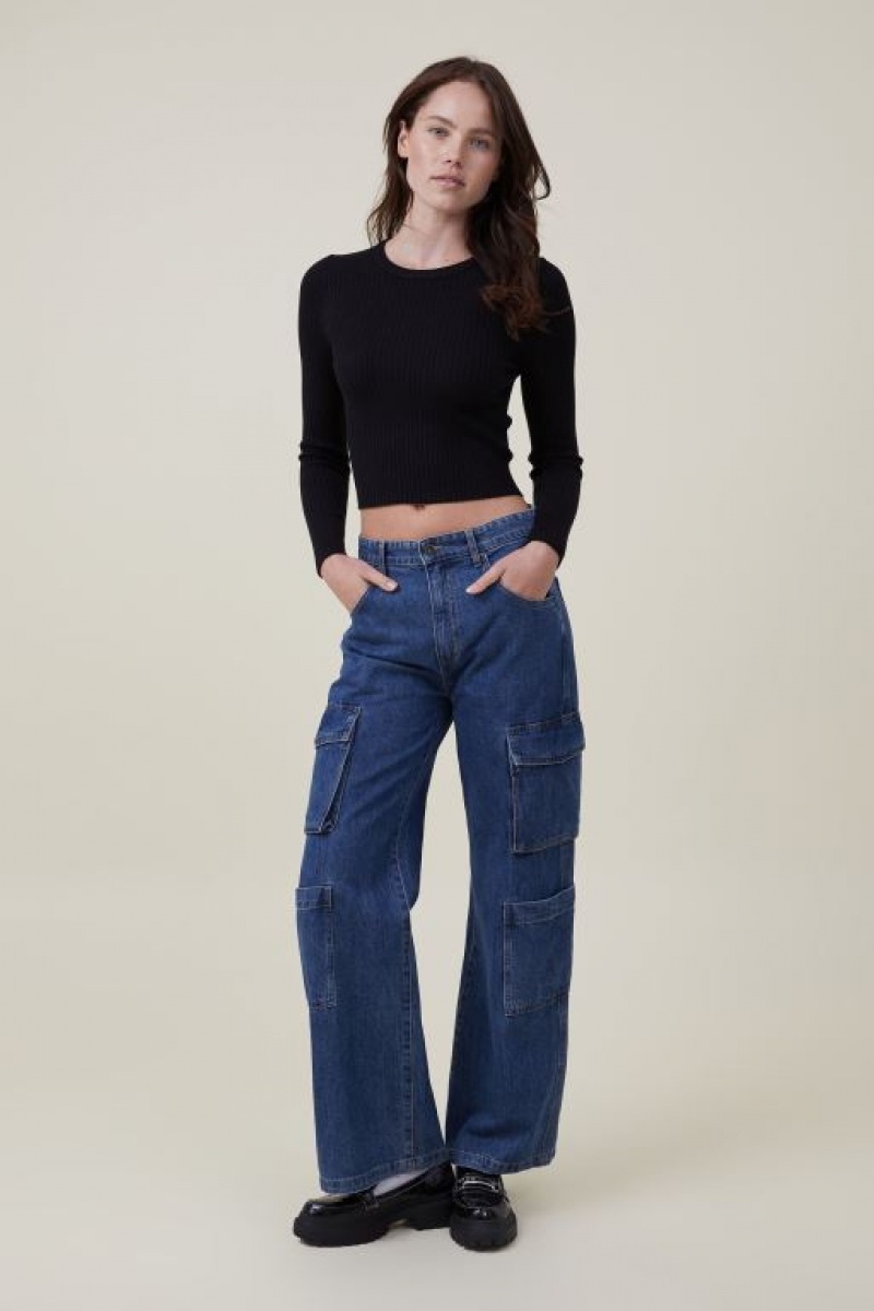 Cotton On Urban Rib Crew Neck Top Women's Long Sleeve Black | oH75AIITDRz