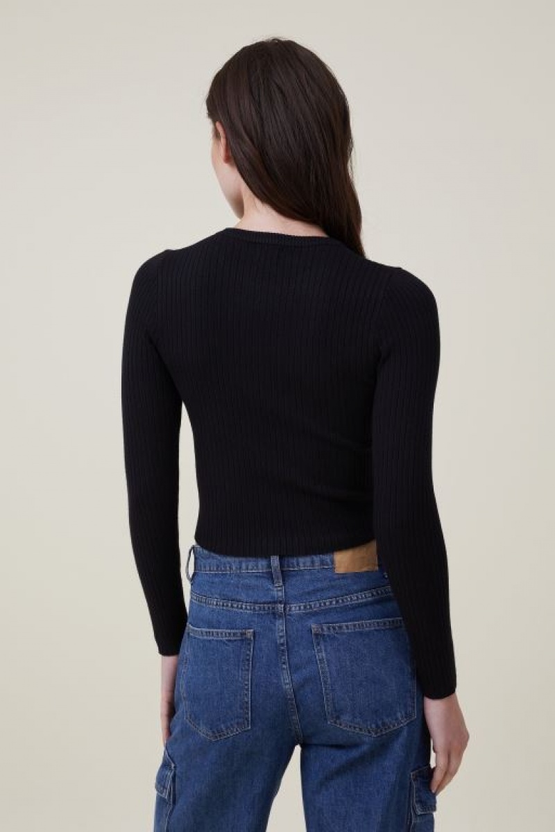 Cotton On Urban Rib Crew Neck Top Women's Long Sleeve Black | oH75AIITDRz