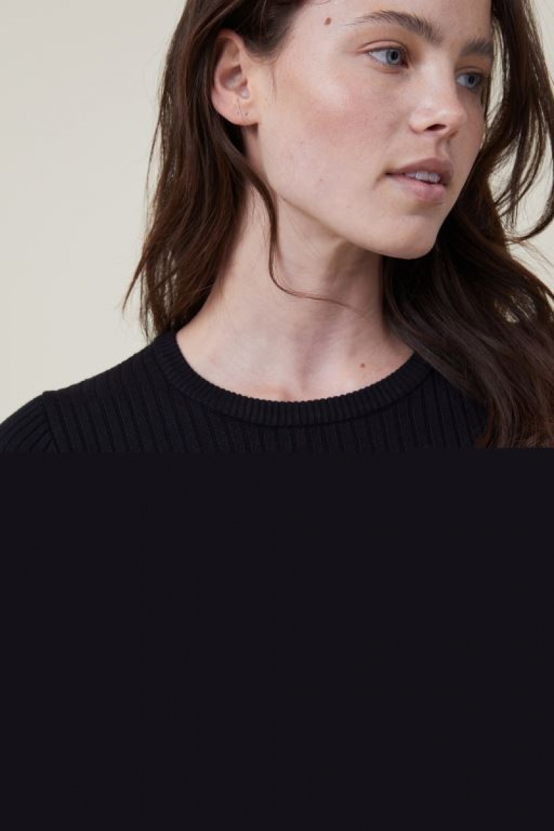 Cotton On Urban Rib Crew Neck Top Women's Long Sleeve Black | oH75AIITDRz