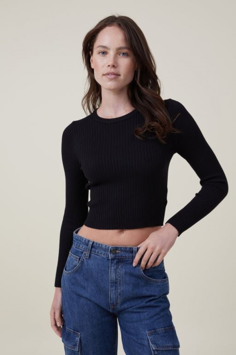 Cotton On Urban Rib Crew Neck Top Women\'s Long Sleeve Black | oH75AIITDRz