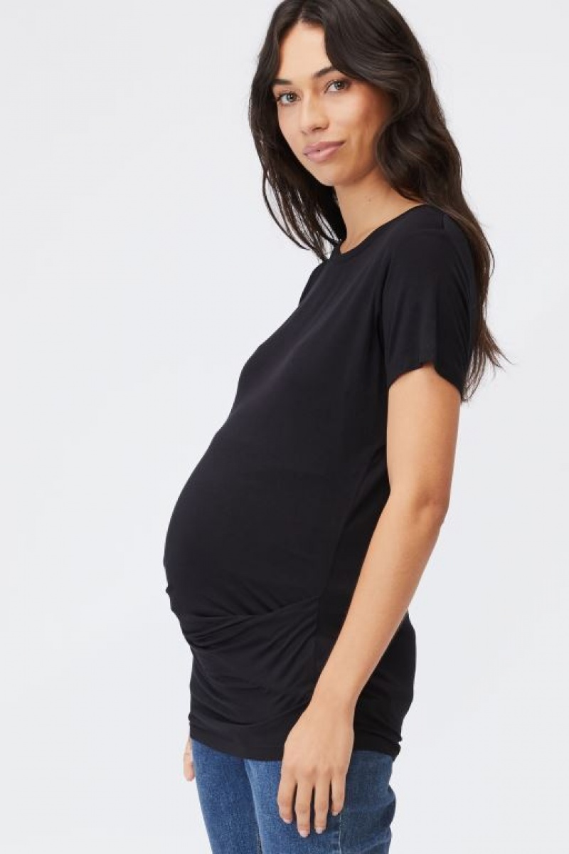 Cotton On Wrap Front Short Sleeve Top Women's Maternity Wear Black | M4usC3Op2hn